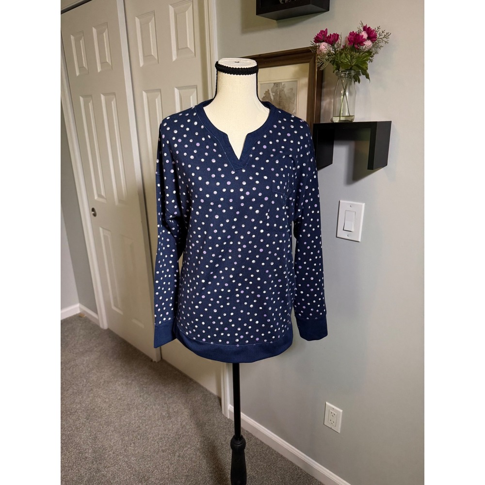 Navy Blue Polka Dot Loungewear Pajama Sweatshirt Long Sleeve Pocket Top Medium